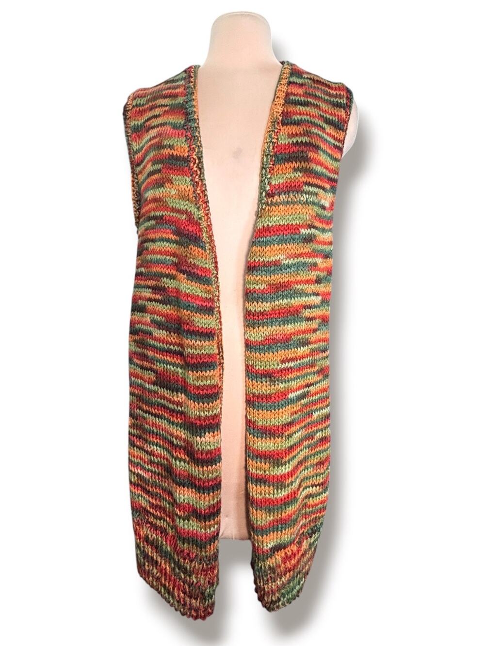 Hand Knit Multicolor Striped Sweater Vest Open Front Boho Artisan Layering Piece